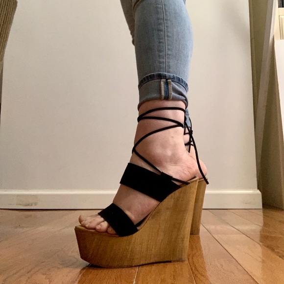 Steve Madden Beachbar Wedge Platform Black Tan 9 Suede wooden heel - Picture 8 of 16